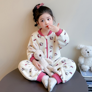 女童睡衣2025新款 秋冬法兰绒女宝宝休闲睡袋保暖珊瑚绒可爱KT猫款