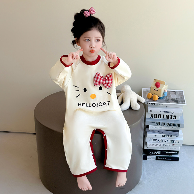 女童连体衣儿童新款春秋款女宝宝长袖KT猫爬服纯棉休闲儿童家居服