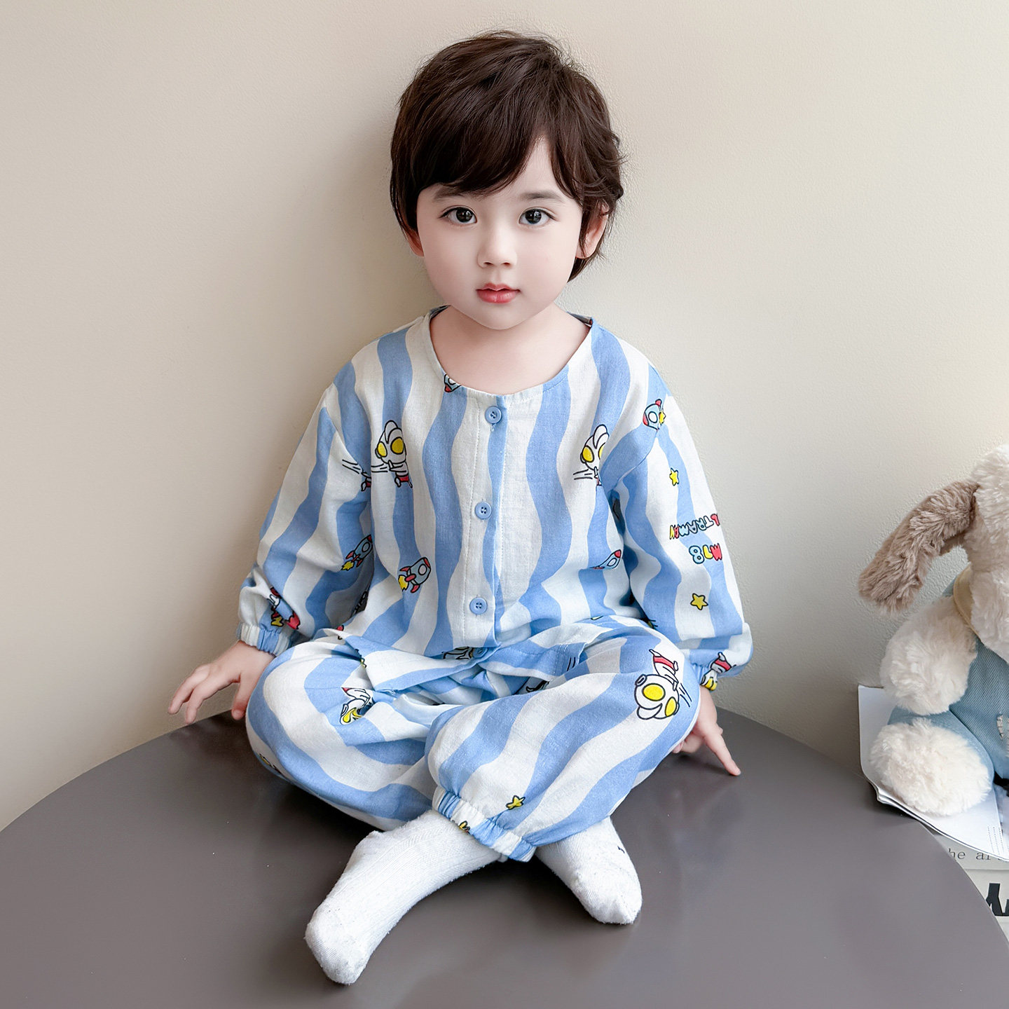 男童睡衣套装休闲纯棉纱布奥特曼家居服长袖长裤开衫男宝宝两件套