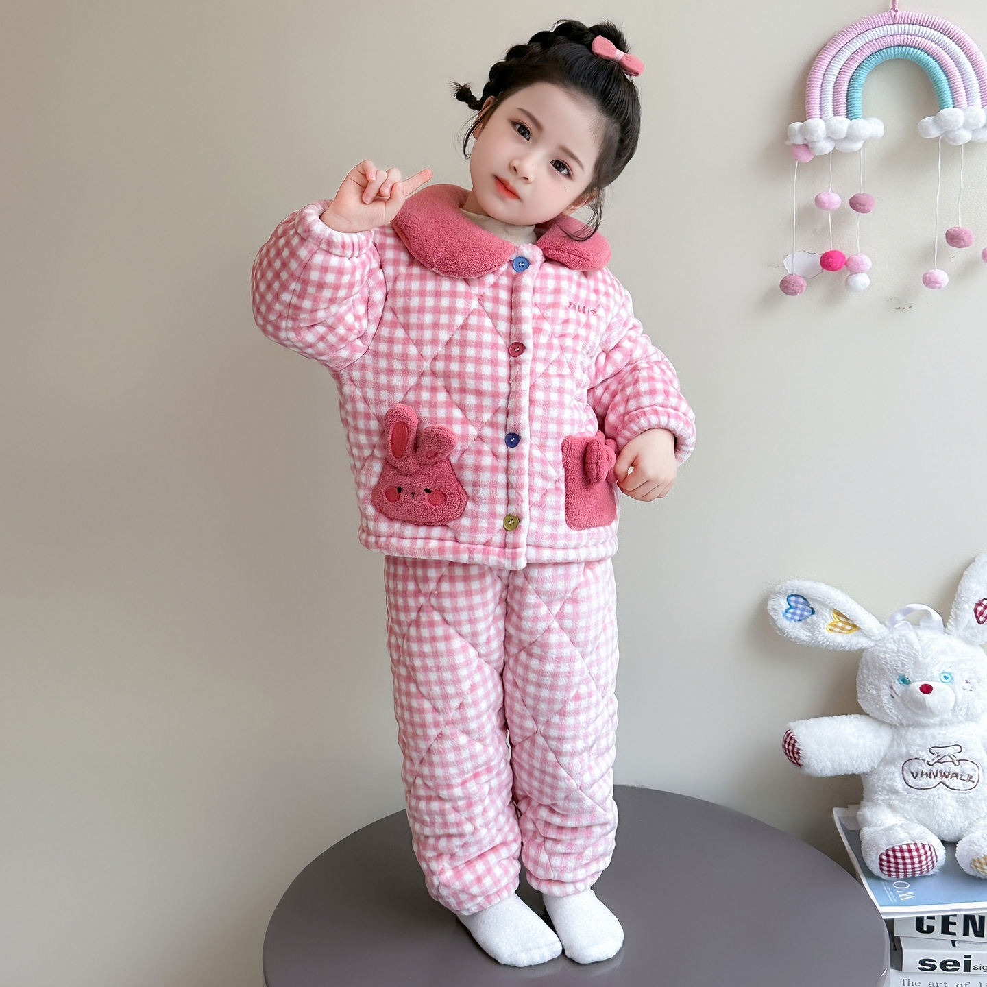 女童睡衣套装珊瑚绒家居服冬季三层夹棉加绒加厚保暖法兰绒束脚款