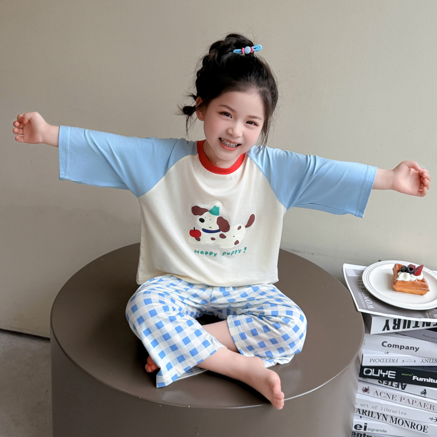 女童夏季秋款睡衣套装新款莫代尔长袖长裤儿童格子裤拼色薄款小狗