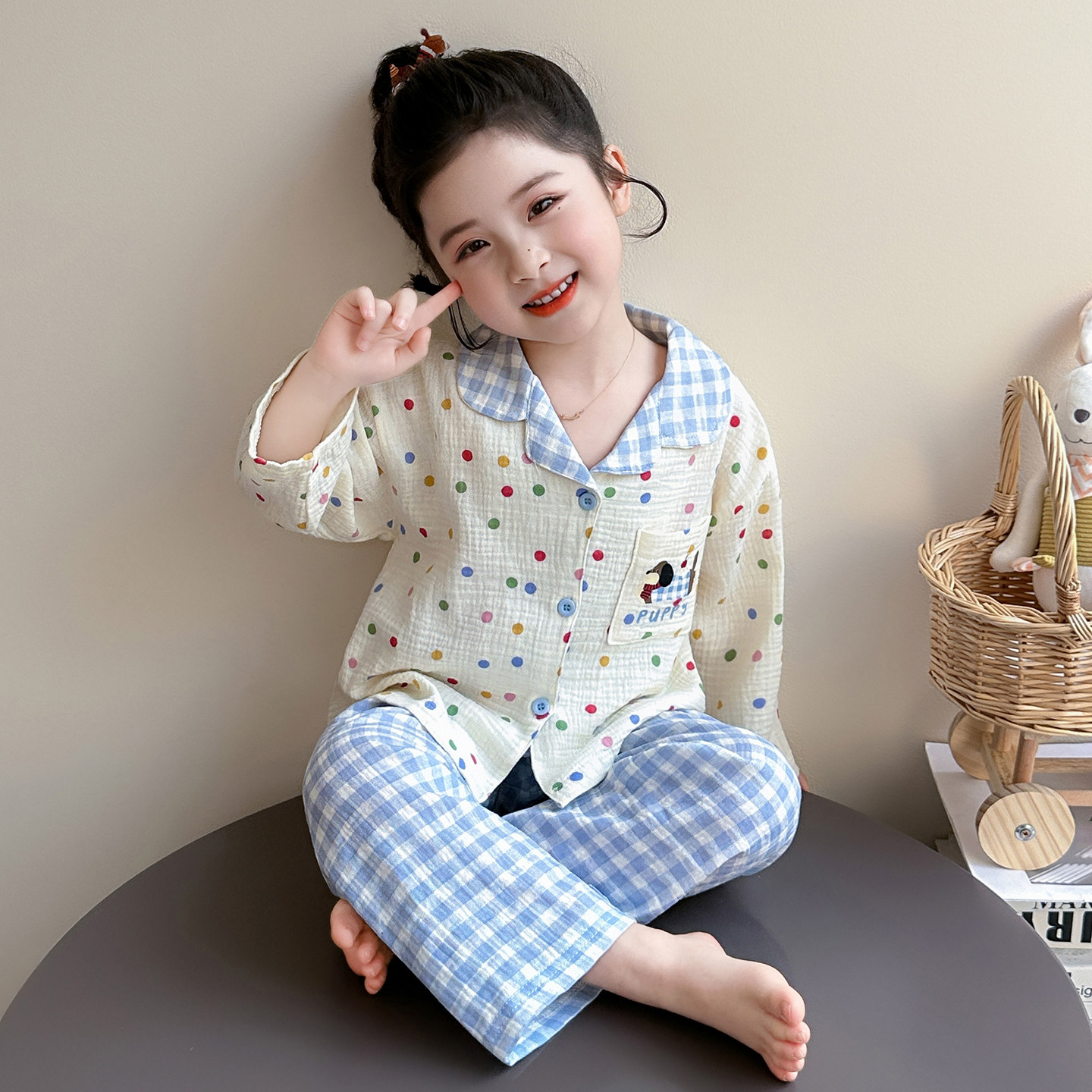 女童睡衣套装春秋纯棉纱布家居服波点可爱腊肠狗女宝宝休闲格子裤