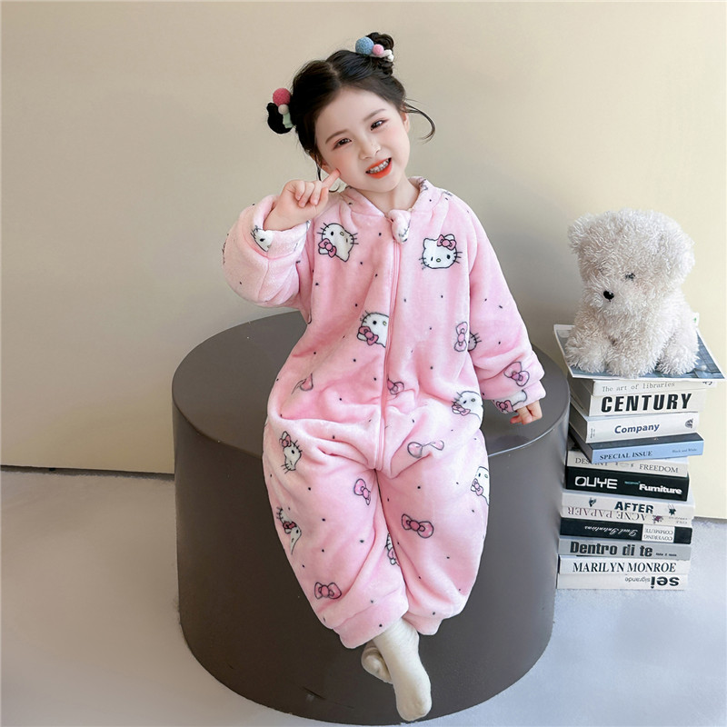 女童睡衣2025新法兰绒睡袋秋冬双层加厚保暖卡通KT猫珊瑚绒家居服