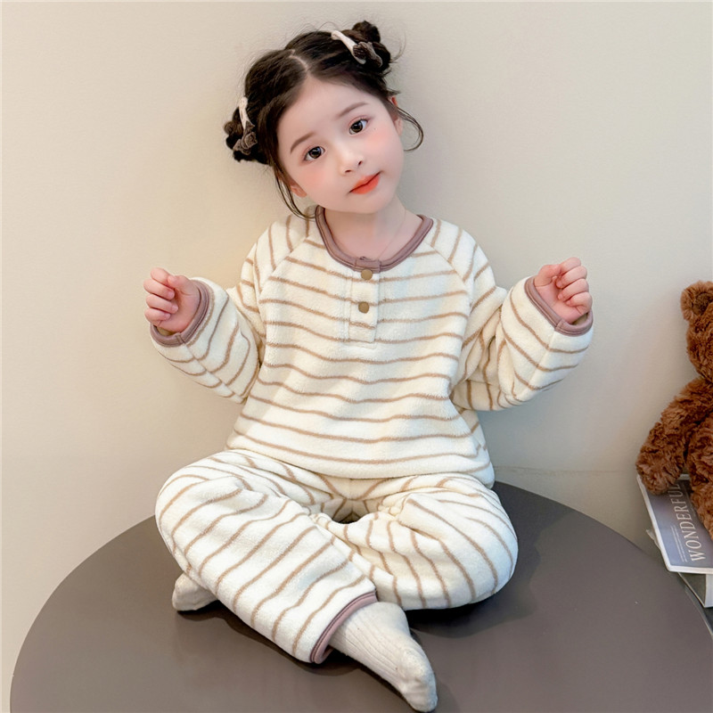 女童睡衣套装2025新款法兰绒秋冬女宝宝儿童条纹保暖珊瑚绒家居服