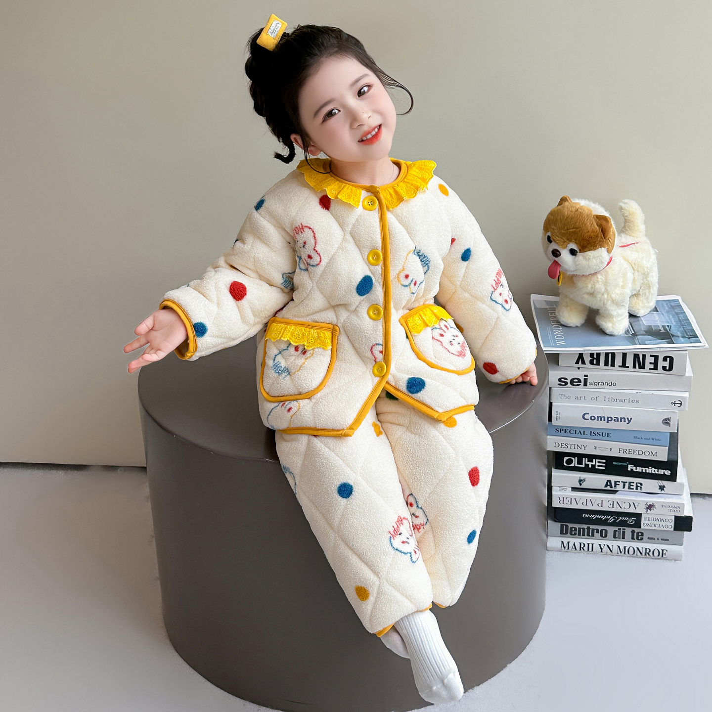 女童睡衣套装2025秋冬新款保暖珊瑚绒三层夹棉加绒加厚法兰绒家居