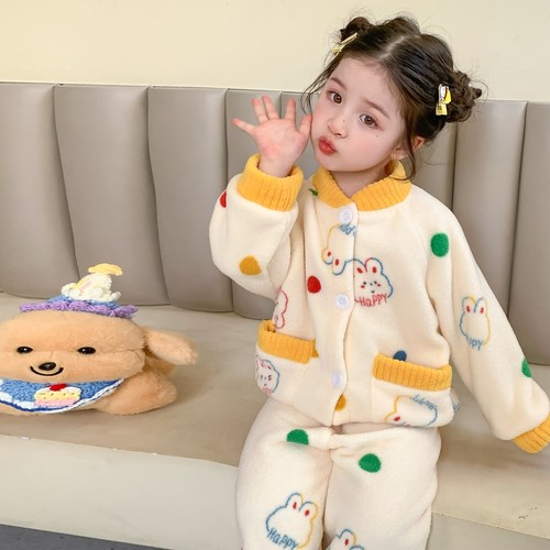 女童睡衣2025新款秋冬季儿童珊瑚绒保暖开衫休闲法兰绒家居服套装