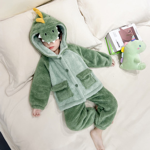 男童睡衣套装2025新款秋冬法兰绒男宝宝休闲可爱恐龙珊瑚绒家居服