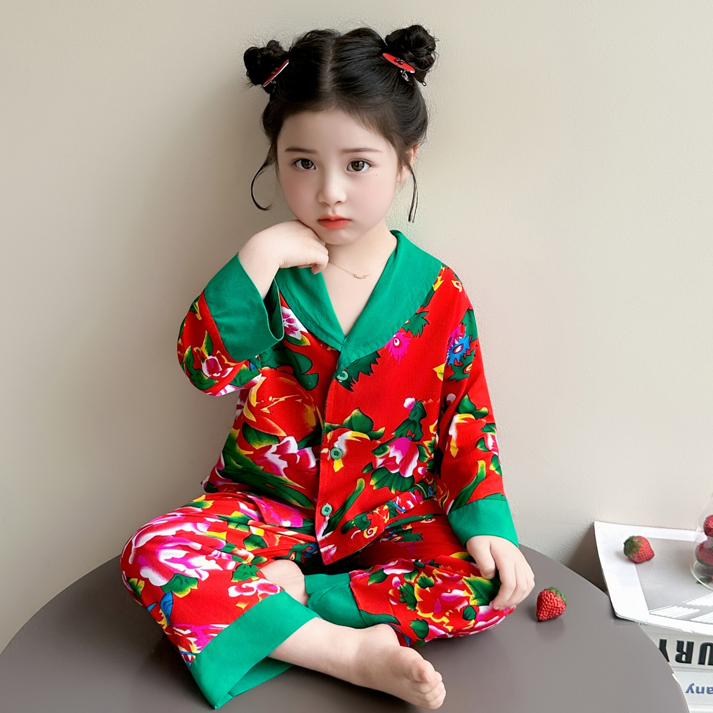 女童睡衣套装春秋新款长袖长裤花布翻领开衫女宝宝东北大花家居服