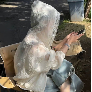 法式蕾丝花边连帽防晒衬衫外套女夏季薄款宽松设计感小众雪纺上衣