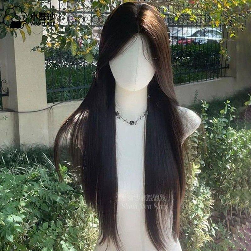 水舞沙假发女自然八字中分全头套黑茶长直发日常整顶自然氛围假发