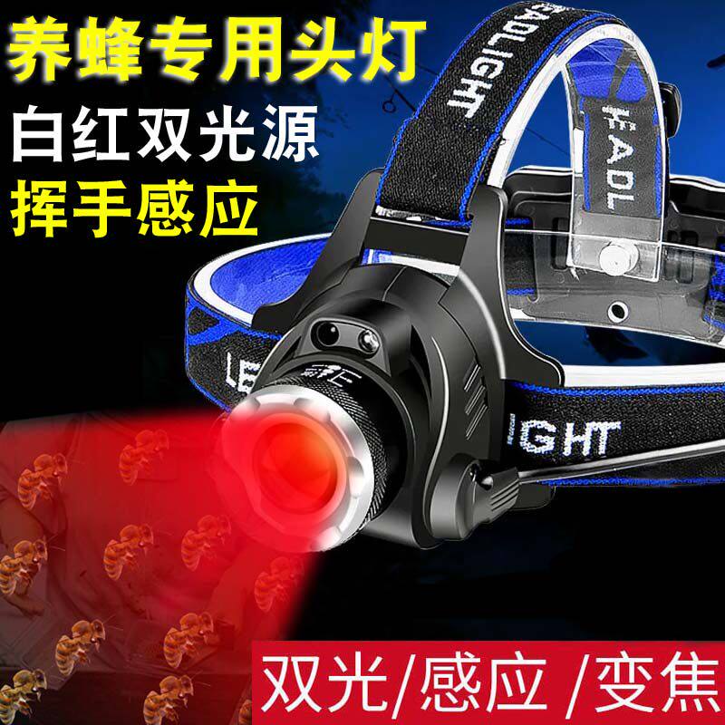 感应红白双光源红光养蜂专用头灯查蜂取蜜看蜜蜂灯头戴手电筒调焦