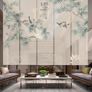 唯美花鸟客厅餐厅茶室电动升降卷帘窗帘遮阳屏风隔断帘 现代新中式