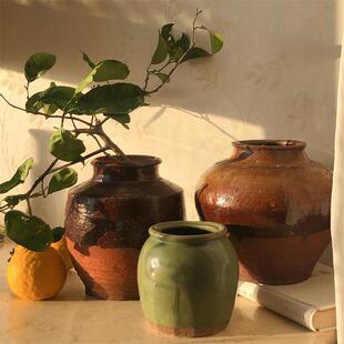 旧货侘寂风老陶罐覆古风花瓶插花花器中式民宿茶室装饰软装摆件