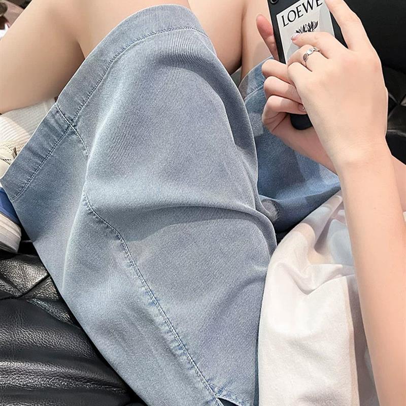 松紧腰天丝牛仔短裤女夏薄款2025新款高腰a字宽松冰丝阔腿五分裤