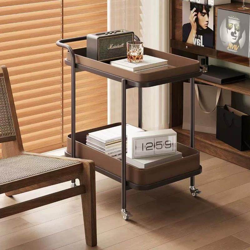 轻奢马鞍皮沙发边几小推车角几置物架移动带轮床头柜客厅家用茶几