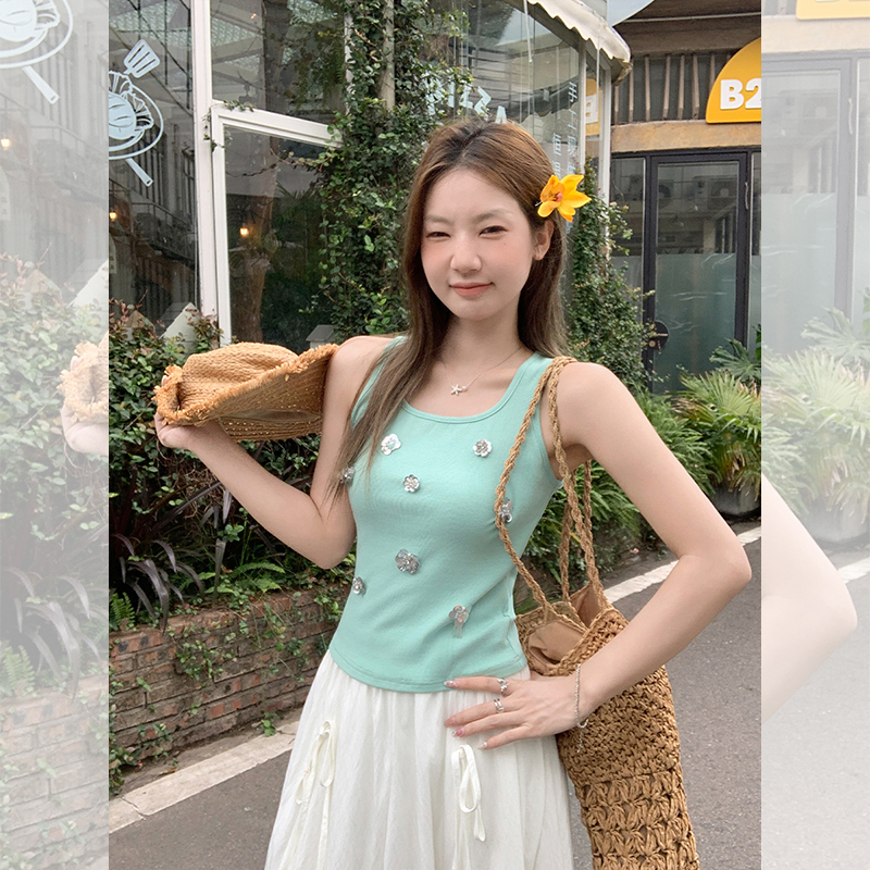 栀夏方领重工吊带背心女无袖上衣2025夏季新款气质修身显瘦外穿潮