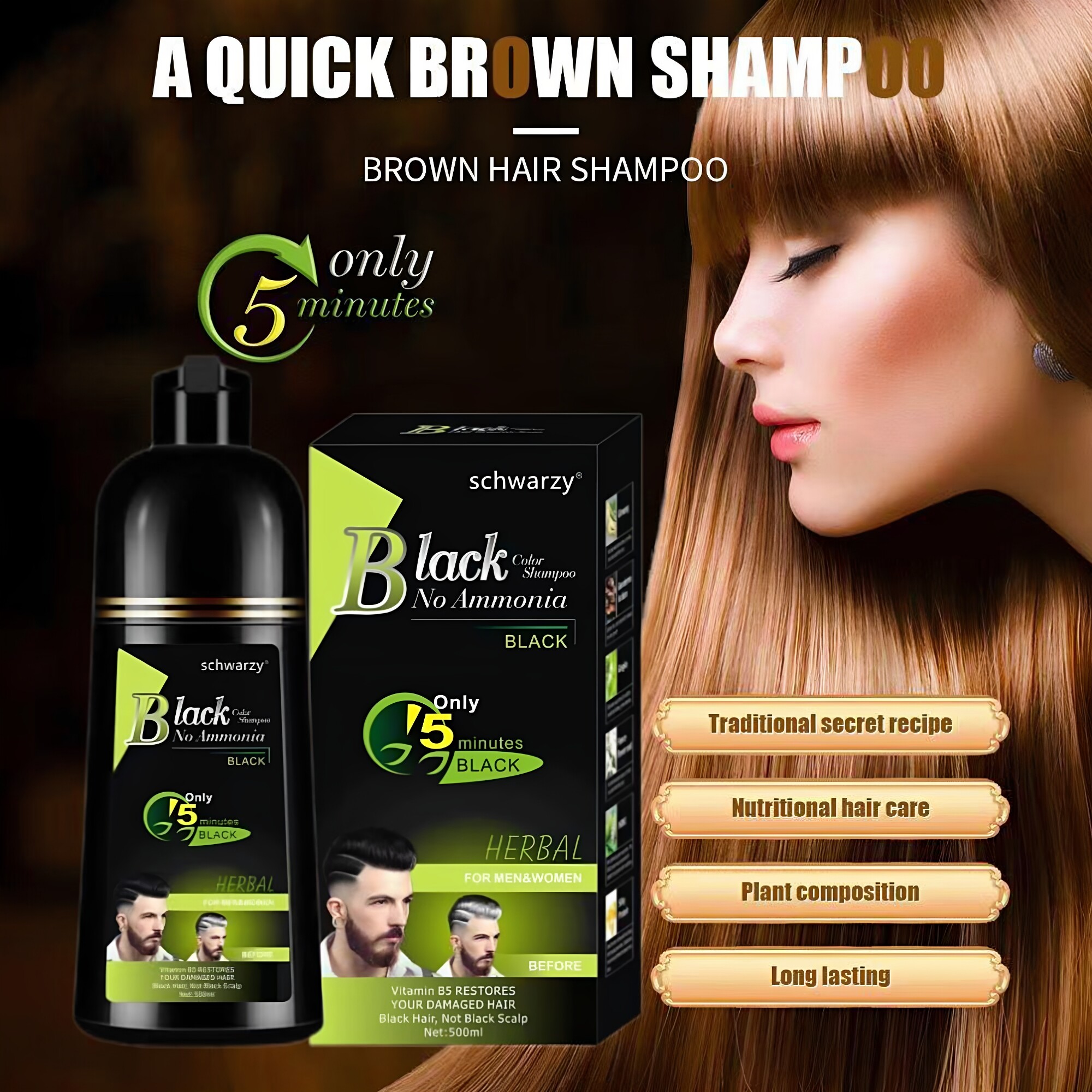 跨境英文VOJO一支黑染发剂植物黑色盖白发一洗就黑外贸出口染发膏