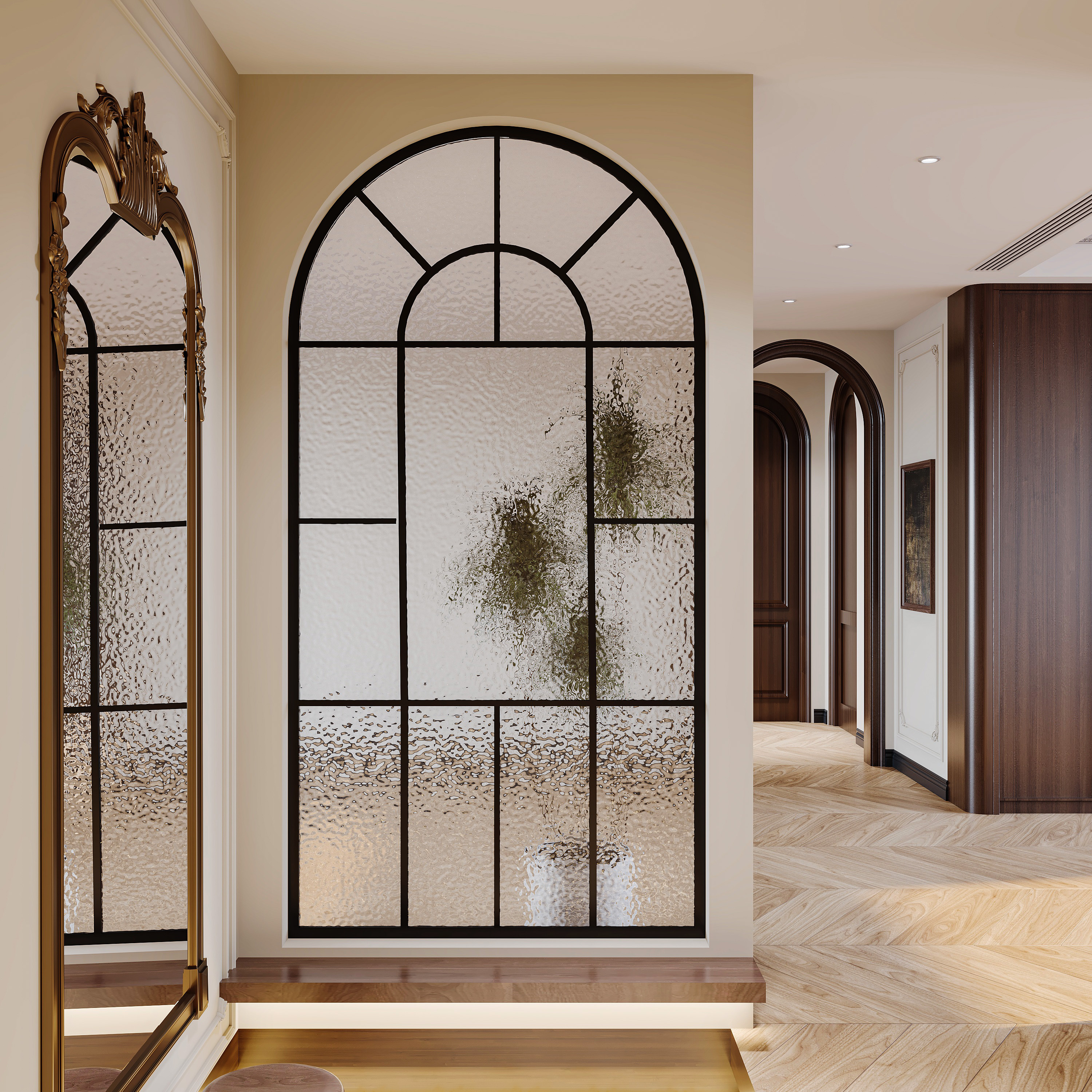 玻璃屏风隔断不锈钢铝合金奶油法式欧式复古拱形装饰入户客厅玄关