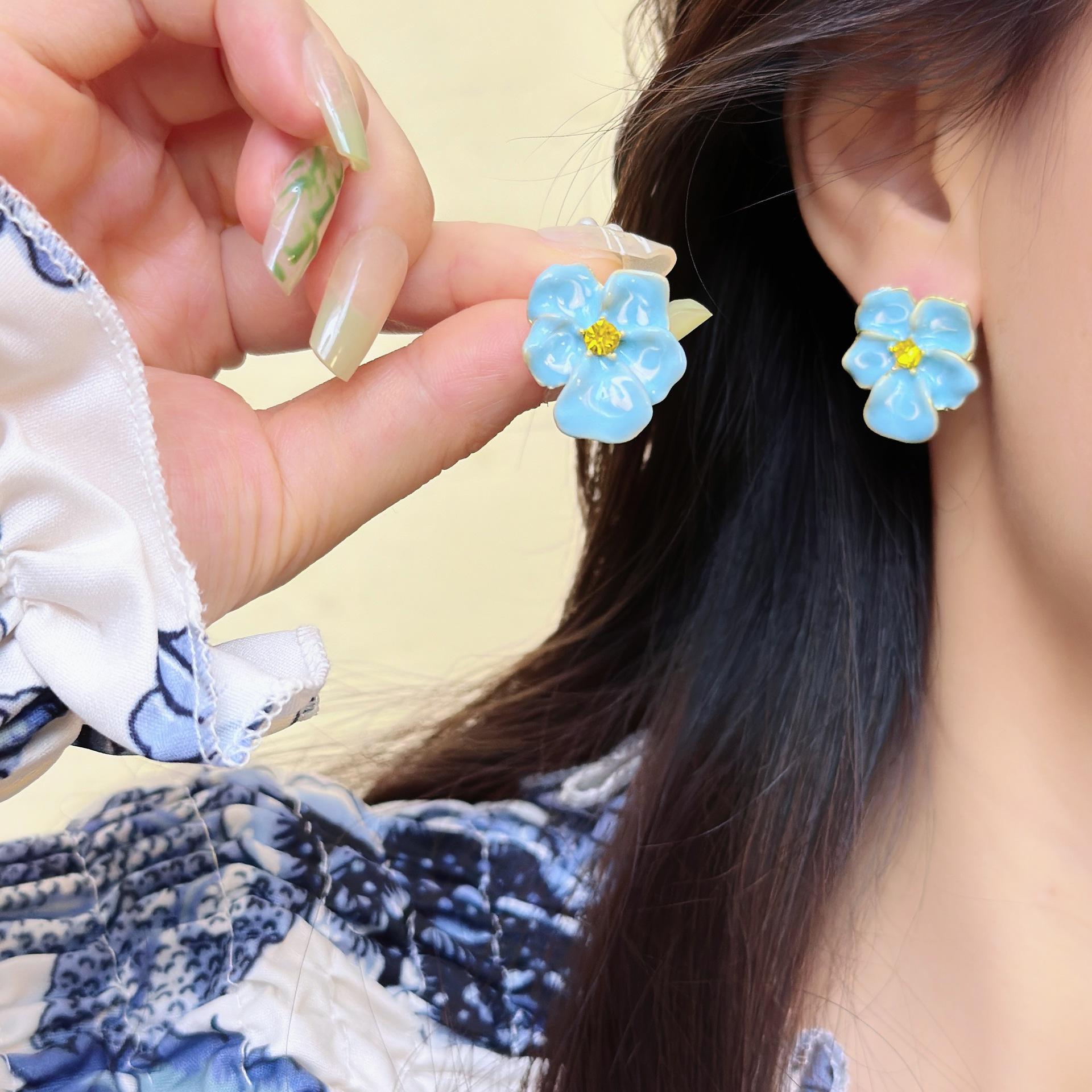 超仙法式复古蓝色花朵耳环
