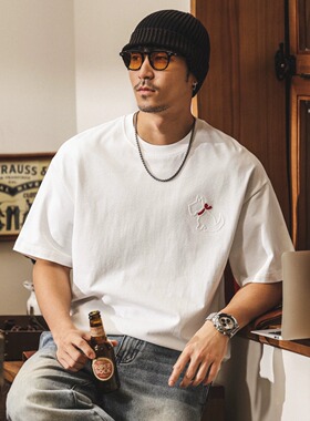 TOP ZEAL男休闲美式重磅宽松白色上衣短袖t恤男夏季潮牌刺绣小狗