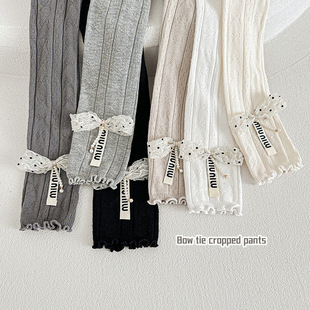 新款 儿童连裤 袜小孩卷边九分布标蝴蝶结婴儿宝宝裤 春夏女童打底裤