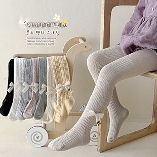 麦穗麻花樱桃蝴蝶结女童连裤 白色儿童打底袜 袜春棉薄宝宝连体袜裤