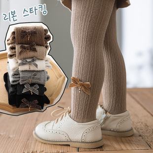 儿童连裤 双针条纹蝴蝶结女童打底裤 棉儿童裤 袜 袜2026春秋季