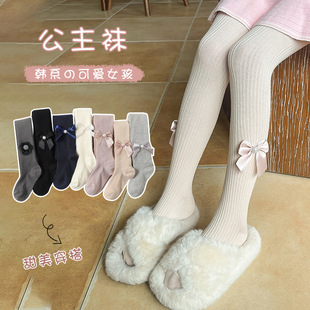 外穿儿童连裤 袜 袜春秋双针棉直竖条纹大蝴蝶结女童打底裤 宝宝连裤