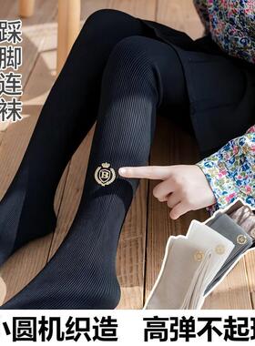 袜子春秋薄款女童连裤袜儿童打底裤袜徽章校服细竖条踩脚裤子