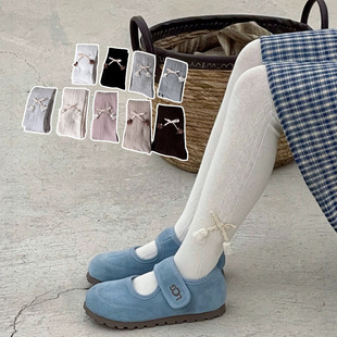 女童可爱蝴蝶结纯色打底裤 麻花纹儿童连体袜 袜春秋新款 女宝宝连裤