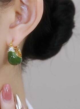 法式复古风牛油果绿色花篮耳扣简约时尚日常百搭耳环2023年新款潮