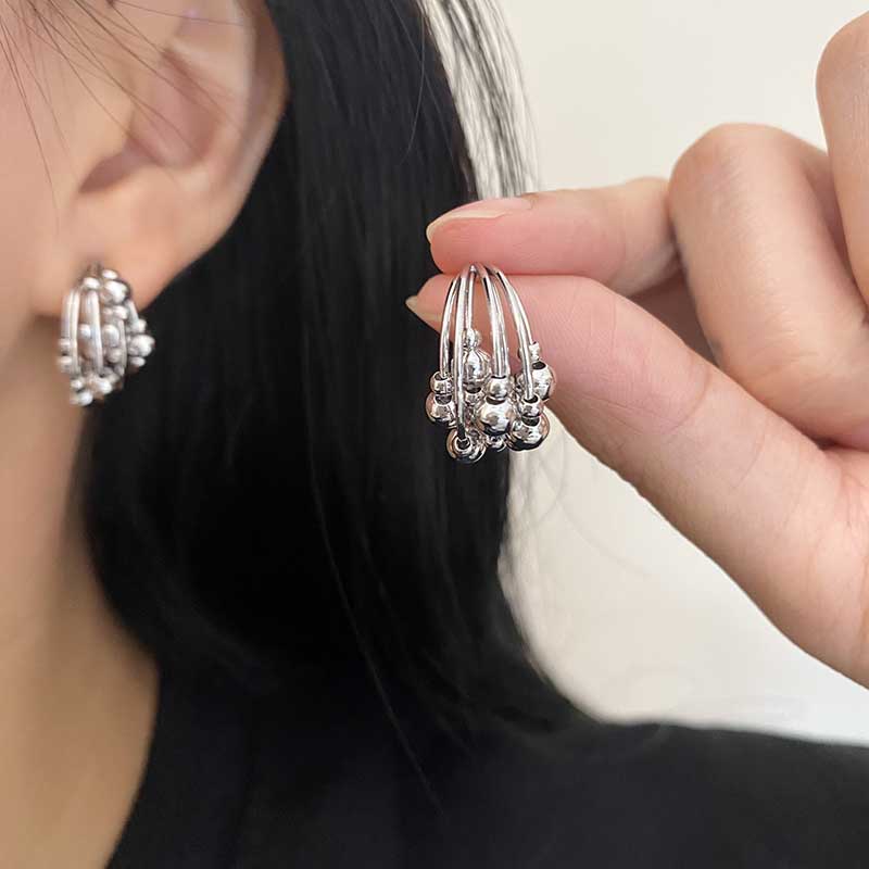 S925银针多圈金属球球耳钉耳环女小众设计感时尚个性气质百搭耳饰