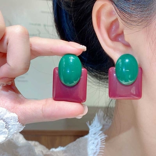 法式复古风树脂几何图形耳钉小众设计感精致百搭耳饰2025新款爆款