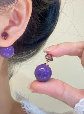 前后戴紫色珠珠耳钉女简约时尚优雅气质一款两戴耳环2025新款爆款