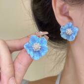 韩版 蓝色滴釉海棠花耳钉简约小众设计感2025春夏气质百搭超仙耳环