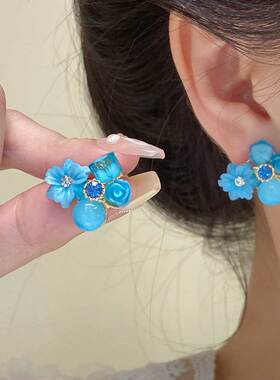 高级感蓝色方圆十里花朵耳钉女小众简约气质百搭耳饰2025年新款潮