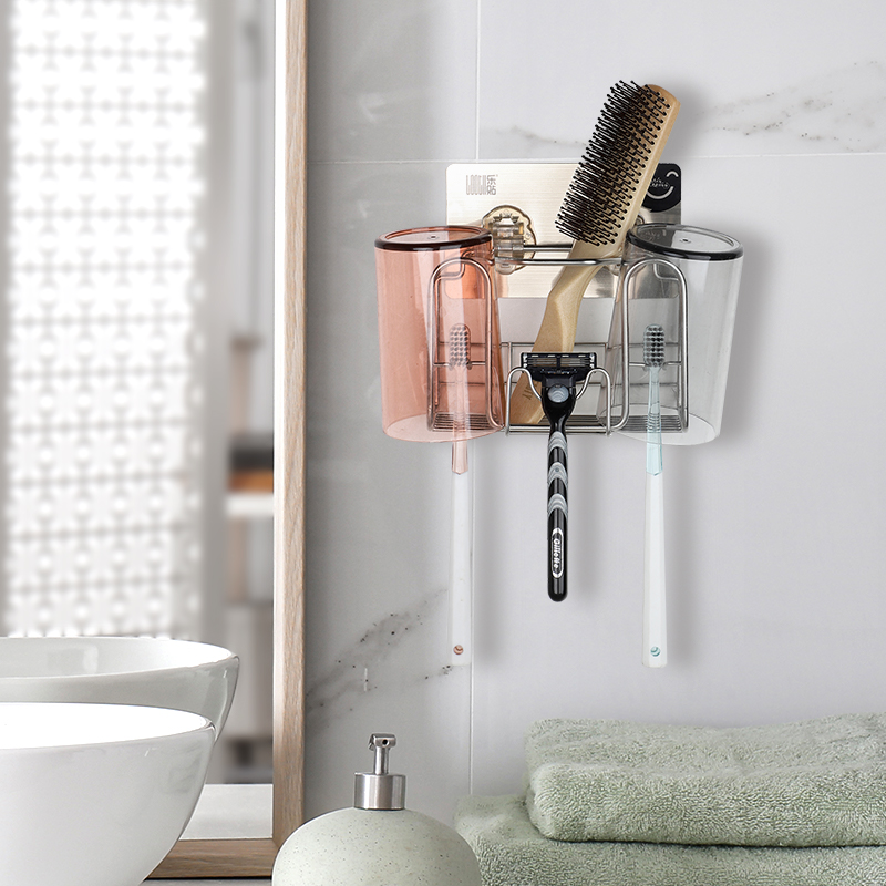 厕所置物架简易挂牙刷架漱口杯套装不锈钢收纳壁挂小型双人无痕贴