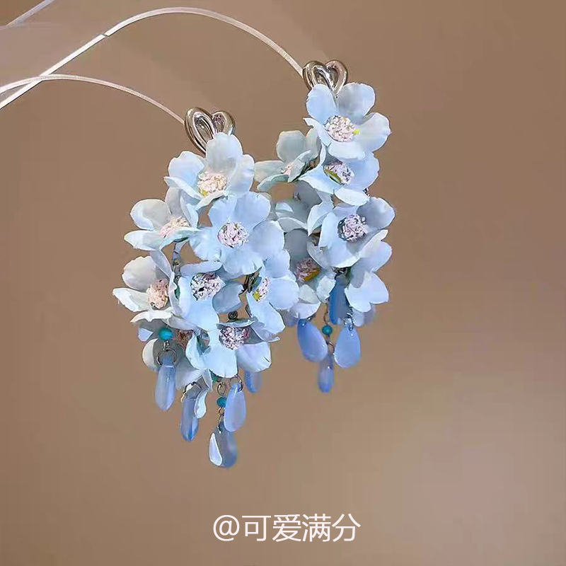 S925纯银蓝色花朵爱心耳钉度假风