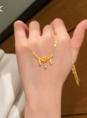 新中式金色玫瑰花朵项链复古轻奢小众精致水滴流苏锁骨链百搭气质
