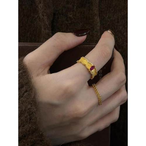 双层叠戴仿红宝石戒指女复古拉丝