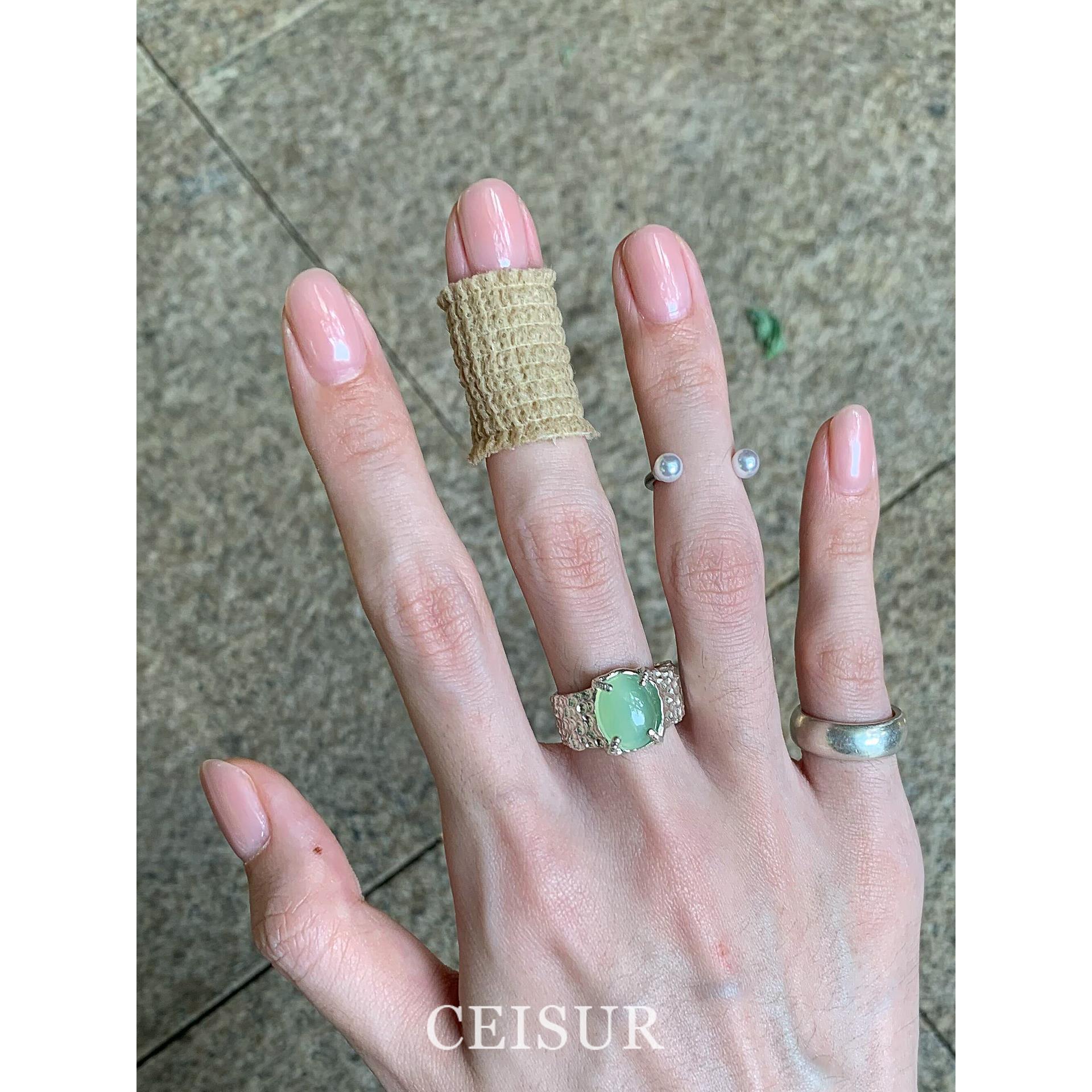 S925纯银碧波绿玉髓宽边珍珠戒指