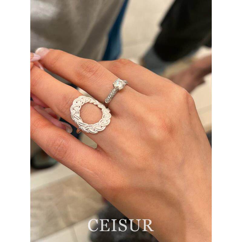 日式复古银色拉丝麻花镂空椭圆戒指设计高级感小众指环女气质精致