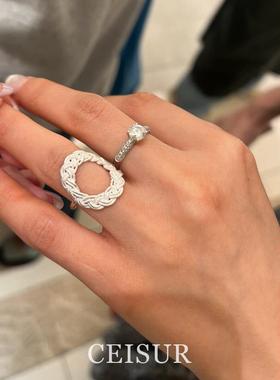 日式银色拉丝麻花镂空椭圆戒指女