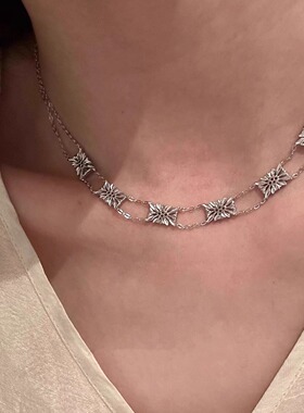 银色中古格桑花纹项链女2025新款