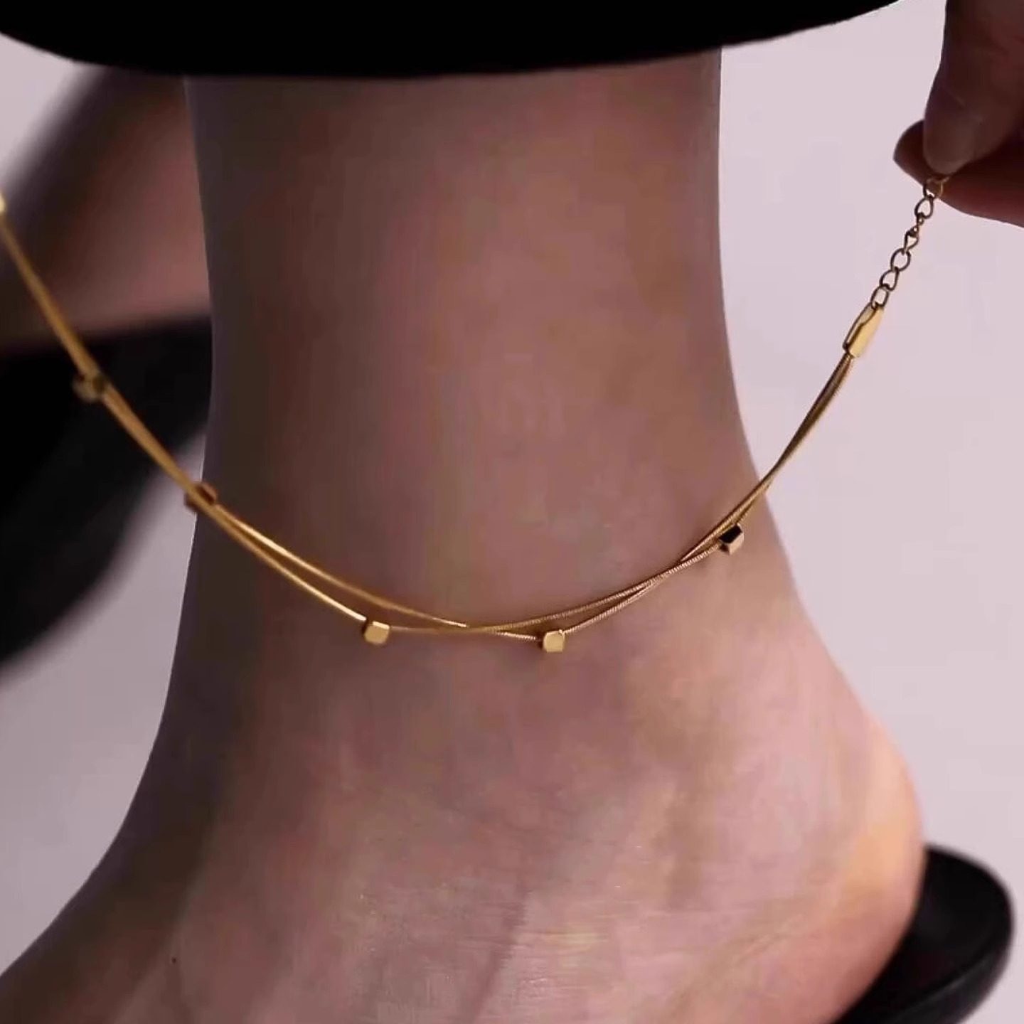 S925纯银双层蛇骨方块金色脚链女2025新款潮轻奢小众精致时尚脚饰