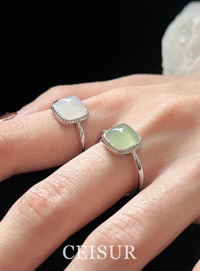 S925纯银中古风猫眼石小方糖戒指