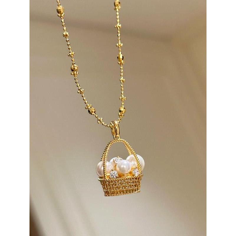 中古风立体编织篮仿施家珍珠项链