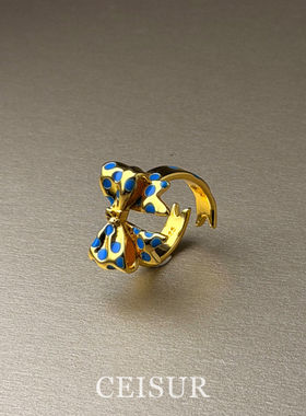 法式蓝色波点立体蝴蝶结戒指精致