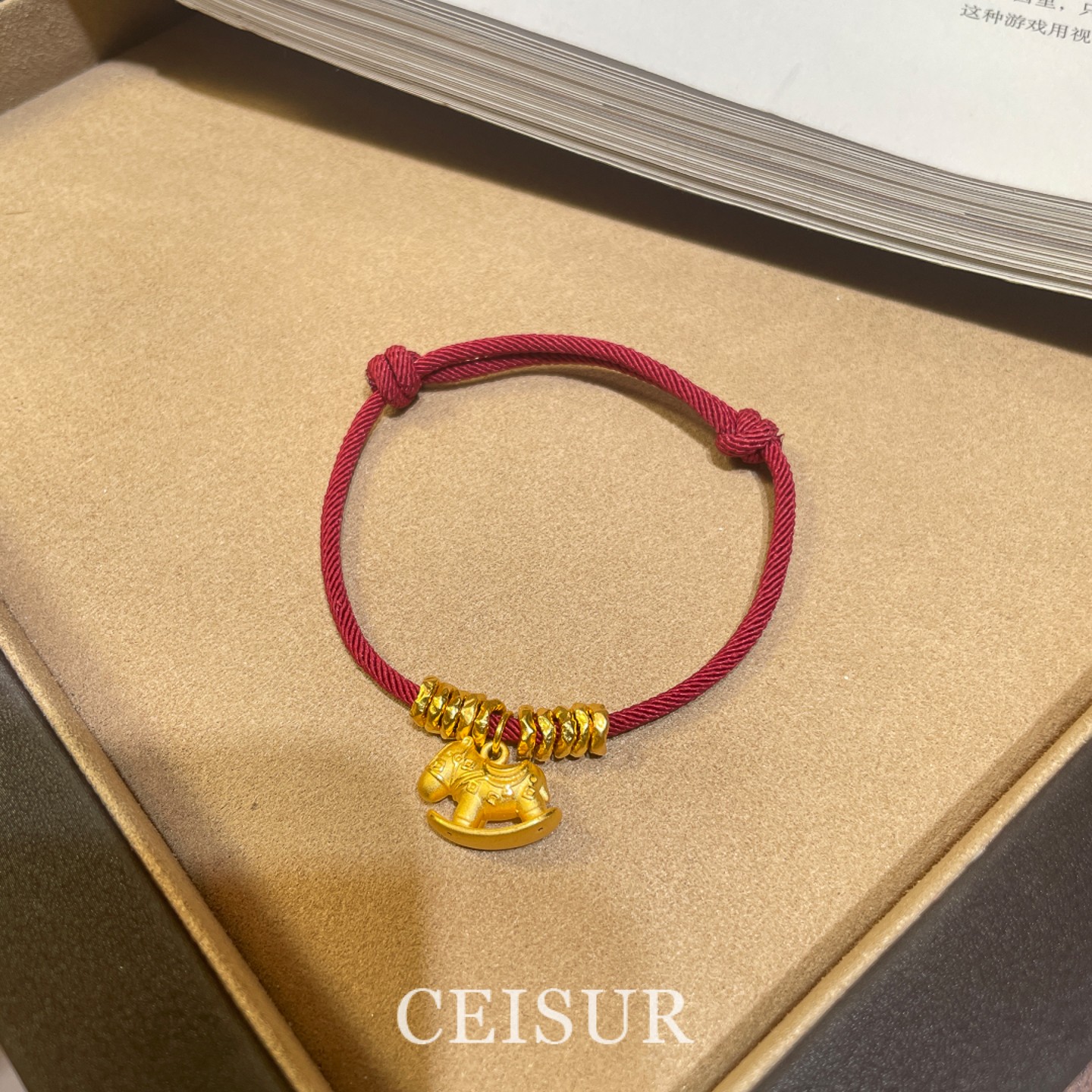 马上有钱小马红色粗编绳手链轻奢