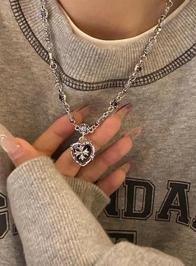 S925纯银克罗爱心十字架项链甜酷